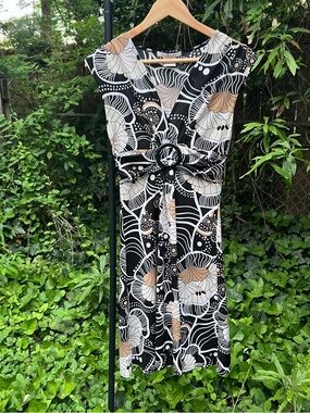 La Belle Black Floral Midi Dress with Beige and White Accents